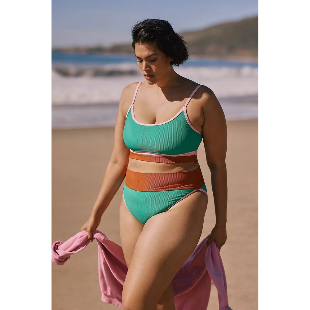 Beach Riot Green and Orange Colorblock High-Waist Bikini